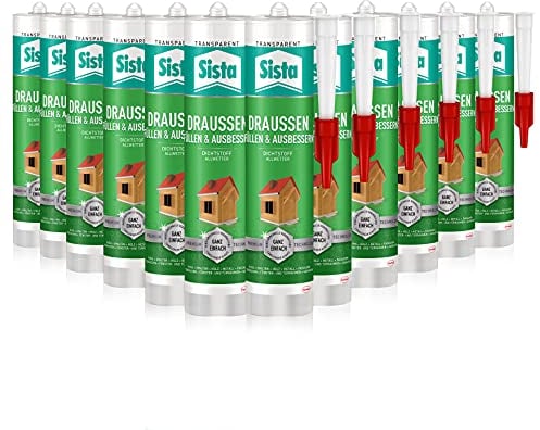 SISTA DRAUSSEN Füllen & Ausbessern, transparenter Polymer Dichtstoff für den Außenbereich, wetterfestes Abdichten mit überstreichbarem Fugenfüller, 12x280ml Kartusche