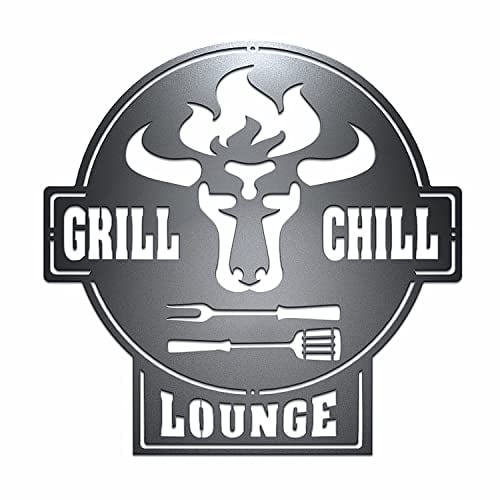 teileplus24 CG01 Gartenschild | Stier + Grill & Chill Lounge | 41 x 40,5cm| Stahl | Schwarz