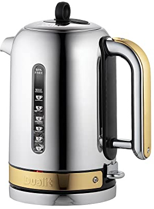 Dualit Classic Kettle - Polished Stainless Steel with Brass Trim - Quiet boiling kettle - 90 Second Boil Time - 1.7L Capacity, 2.3 kW