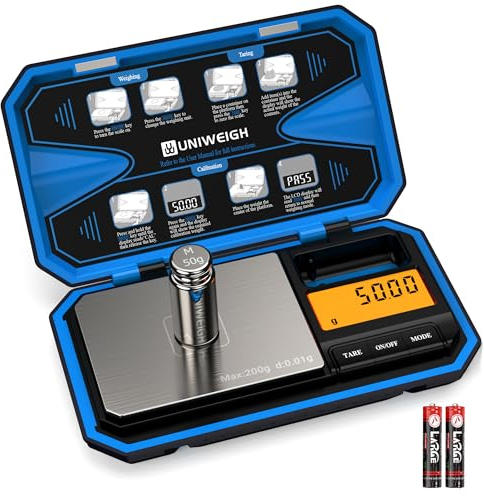 UNIWEIGH Digitale küchenwaage 200g/0,01g Feinwaage,Taschenwaage, Präzisionswaage, Waage Gramm, Briefwaage, Goldwaage, Scale mit 50g Kalibriergewicht -Blau