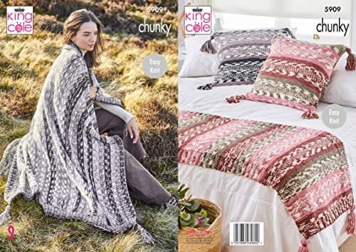 King Cole 5909 Knitting Pattern Blanket Bed Runner and Cushion Cover in Nordic Chunky