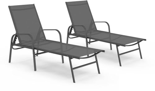 IDMarket - Set di 2 lettini da Giardino reclinabili FIDJI in Acciaio Grigio Antracite e Tessuto Grigio