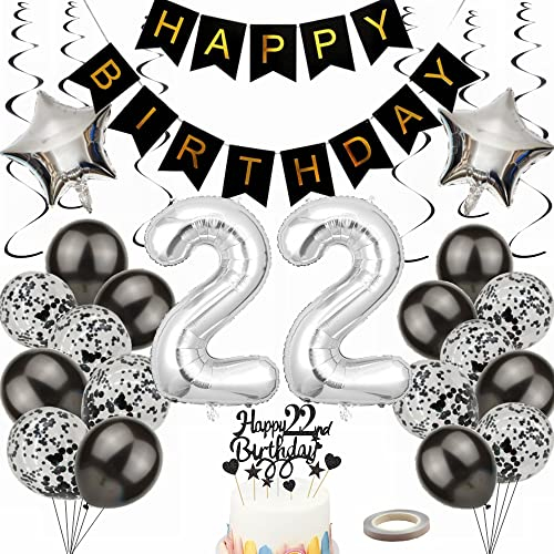 Yunchu Online Luftballon 22. Geburtstag Dekoration für Männer und Frauen - Black and Silber Party Deko Set - Geschenk für 22 Jahre