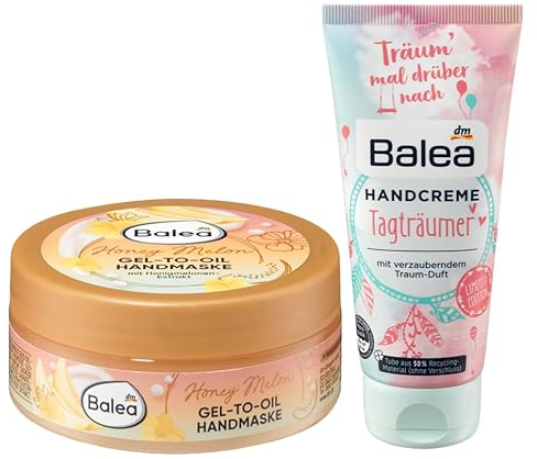Balea 2er-Set Handpflege: Gel-To-Oil Handmaske HONEY MELON seidig weiche Hände mit Glycerin & Extrakt von Honigmelone (75 ml) + Handcreme TAGTRÄUMER mit verzauberndem Traum-Duft (100 ml), 175 ml