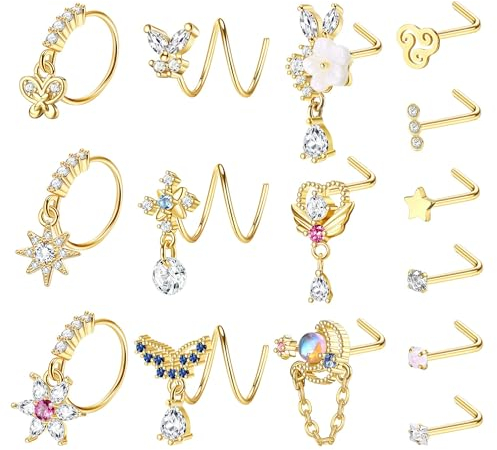 Kakonia 15 Stück 20G Baumelnder Nasenring Nasenpiercing Stecker für Damen Nasenstecker Nasenpiercing Ring Gold Silber L Form Korkenzieher Nose Stud RingPiercing für Damen