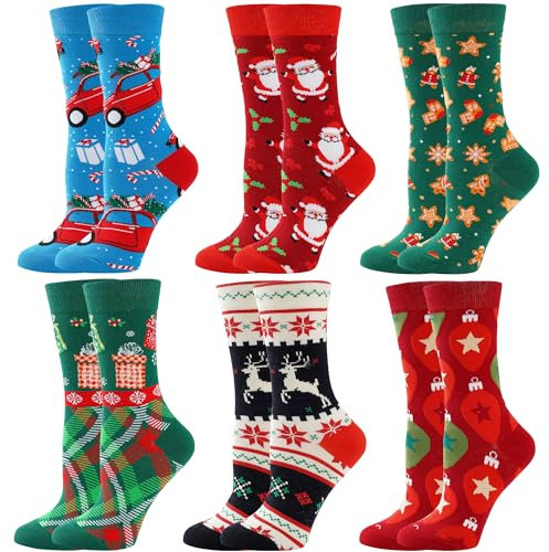 Chaussettes de Noël Femme Christmas Chaussettes Femme Fantaisie 6 Paires Coton Chaussette Drole Cadeaux de Noël pour les Femmes Hommes 36-40