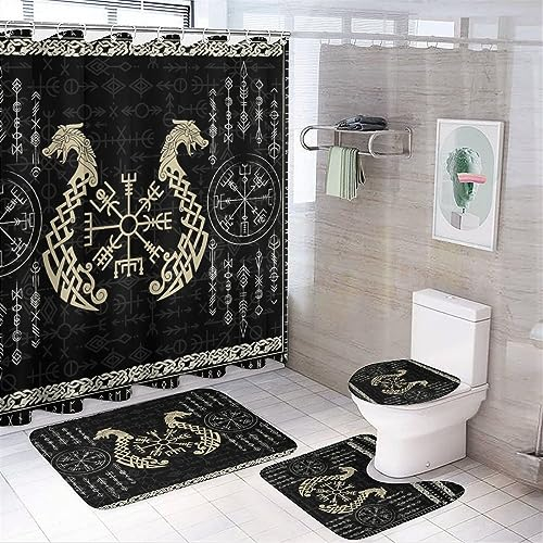 COALHO Norse Vikings Badezimmer-Deko-Set, abstrakter Drache, Retro, mystisches Symbol, Kompass, Duschvorhang, mit Teppich, 12 Haken, 183 x 183 cm, 4-teilig