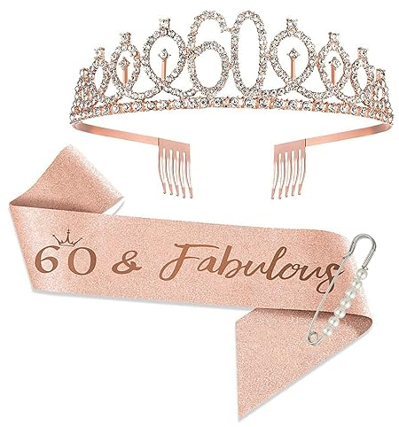 JurciCat Deko 60 Geburtstag Frau 60.ter Geburtstag Frau Schärpe und Tiara Rose Gold Krone 60. Geburtstag Frau Geschenke für Birthday Decorations