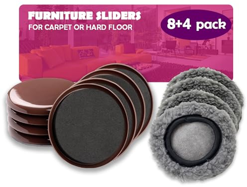 8 + 4 Stück wiederverwendbare große Möbelgleiter für Teppich, 12,7 cm Möbelgleiter, Teppichgleiter zum Bewegen von Geräten, Möbelgleiter einfach und schnell (8 braune runde + 4 Socken)