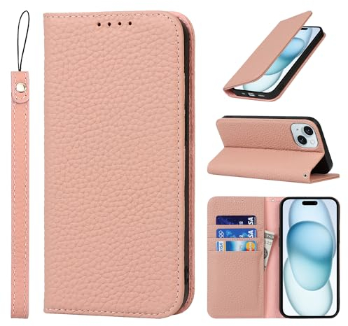 Cavor iPhone 15 Case,Flip Genuine Leather Wallet Case,[4 Card Holders][Magnetic Closure][With Lanyard],Protective Phone Cover Case for iPhone 15 - Pink