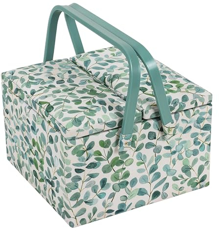 Hobby Gift Exclusive Große Bastel Aufbewahrungsbox für Näharbeiten mit zwei Deckeln, Zubehörablage, Nadelkissen, Taschen, PVC-Griffe, 25 x 25 x 17 cm, Eukalyptus