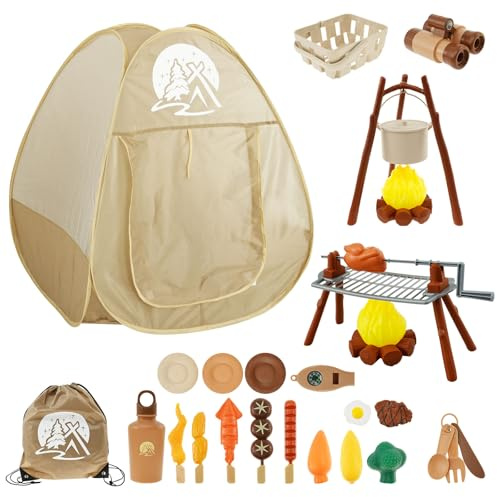 Kids Camping Set - Pop Up Toddler Baby Play Tent Kit, Portable Indoor/Outdoor Pretend Adventure Playset With, Funny Kid Tool Set, Campfire Gear, Basket, Plate, Kettle (Birthday Gift)