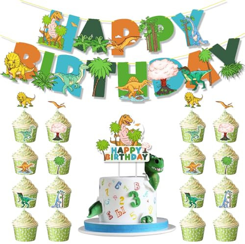 Dinosaurier-Party-Dekorationsset, Jurassic Dino-Themenparty-Zubehör, inklusive Dinosaurier-Happy Birthday-Banner, Kuchen-Cupcake-Topper für Kinder, Jungen, Mädchen, Geburtstagsparty-Zubehör