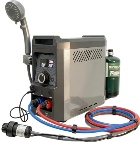 PowerTherm Pro 1500 Portable Outdoor Propane Instant Tankless Water Heater with Integrated 12V Water Pump and Color-Coded Shower Hose System for Camping, RV, Off-Grid Living, Pet Washing