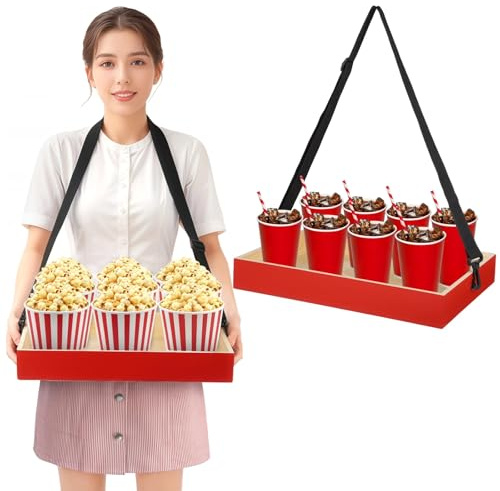 Vassoio per Snack in Legno con Tracolla, Porta Bevande a Spalla Regolabile, Design Vintage Rosso per Popcorn e Bevande