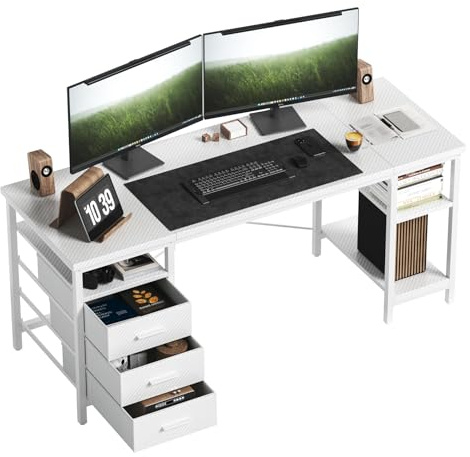 HOMRELEXA Computertisch, Schreibtisch mit 3 Schubladen und 3 Justierbaren Regalen, 120x60x75cm Umkehrbarer PC Tisch, Bürotisch Moderner Stil, für Büro Arbeitszimmer Schlafzimmer Wohnzimmer, Weiß