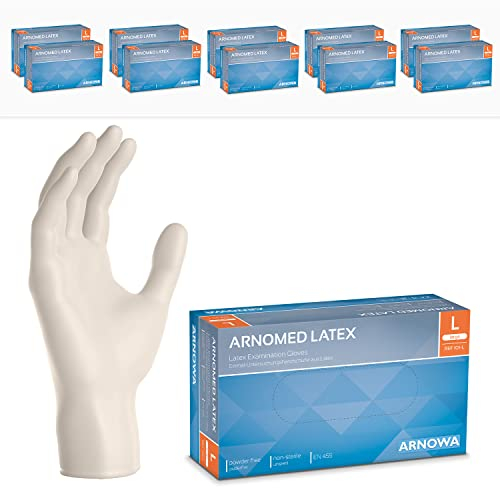 ARNOMED 1000x Einweghandschuhe L, Latexhandschuhe Weiß (10x100 Stk), Einweghandschuhe puderfrei, Handschuhe Latex Einweg, Putzhandschuhe, Latex Handschuhe, Einmal-/Einweg-Handschuhe XS, S, M, L & XL