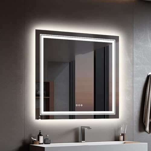 LUVODI Illuminated LED Bathroom Mirror: 800x800mm Dimmable Lighted Mirror with Touch Sensor and Demister Pad IP65 Waterproof Wall Mounted Square Vanity Makeup Mirror (Backlit + Front Light)