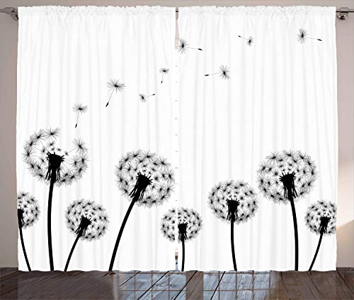 ABAKUHAUS Löwenzahn Rustikaler Gardine, Faded Blowball Pflanze, Schlafzimmer Kräuselband Vorhang mit Schlaufen und Haken, 280 x 225 cm, Weiß und Dunkelgrau