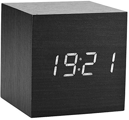 6x6x6cm Digitaler Wecker aus Holz Temperatur LED-Leuchten Anzeige Sprachsteuerung Drei Alarme Sprachsteuerungsmodus und immer heller Modus(Schwarzes Holz + weißes Licht)