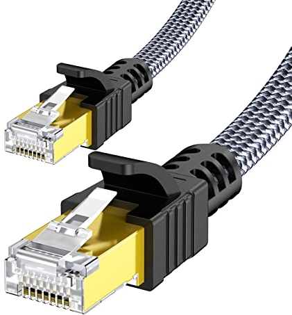 Snowkids Cable de Red Ethernet Cat 7 5m, Alta Velocidad 10 Gbit/s 600 MHz Cable Plano Trenzado de Nailon Profesional Chapado en Oro STP RJ45 para Router Modem Switch TV Box PC PS-4