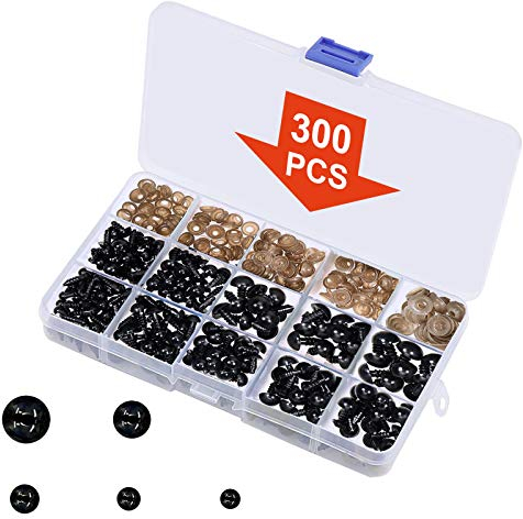 Sicherheitsaugen Set, 150 Stück Schwarz Teddyaugen Puppenaugen Kunststoff Bastel Augen 6mm/8mm/9mm/10mm/12mm, Klein Sicherheit Augen mit Unterlegscheiben für Häkeltiere Plüschtier Marionette Puppen