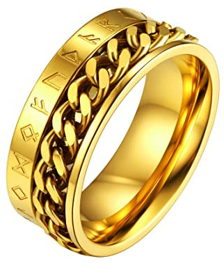 FaithHeart goldener Spinnerring mit Panzerkette Mittelring zum drehen Viking Rune Fingerring mit Geschenkebox für Herren Männer Jungen