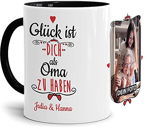 Tasse mit Spruch - Glück ist, Dich als Oma zu haben - Personalisierbare Keramiktasse mit Namen und Foto - Geschenkidee für die Oma - Innen & Henkel Schwarz, 300 ml