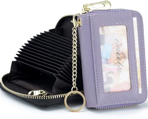 imeetu Card Holder for Women RFID Card Holder Wallet Slim Leather Cardholder Damen with 12 Card Slots, 2 Wide Cash Slots, Keyring & ID Window (Small,Hellviolett)