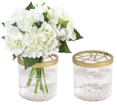 CRAFFANCY Vase à Fleurs en Verre avec Pierres décoratives, Fournitures pour Arrangements Floraux, Vase Moderne en Verre Transparent avec Couvercle en Maille dorée pour décoration