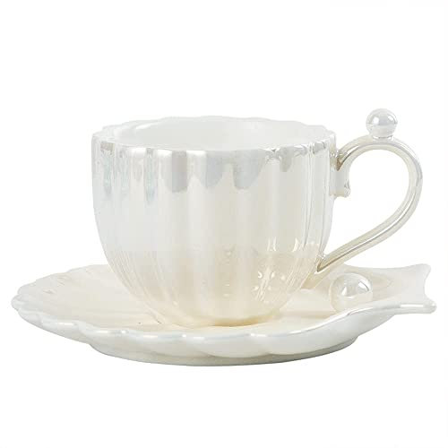 Tasse, Kaffeetasse, Perlmutt, Keramik, exquisite Kaffeetasse und Untertasse, Set für Nachmittagstee, 240 ml, Geburtstagsgeschenk, Heimdekoration (weiß)