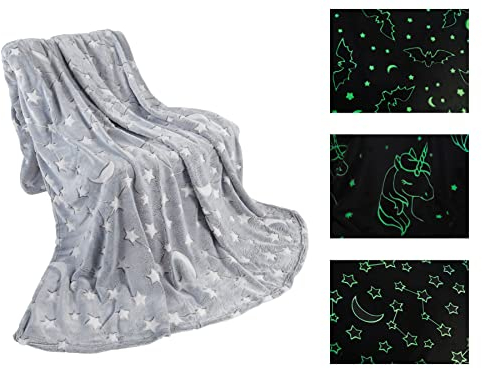 BaSaTex Kinder Flanell Kuscheldecke | 150x200 cm Sofadecke | leuchtet im Dunkeln | Glow in The Dark | Stars - Grau