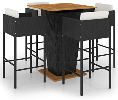 vidaXL Gartenbar Set 5-TLG. mit Kissen Theke Bar Tresen Gartentheke Bartisch Stehtisch Barhocker Barstuhl Gartenmöbel Poly Rattan Schwarz