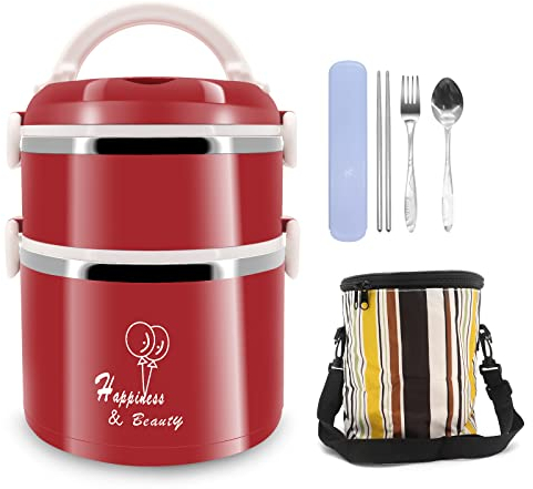 Beowanzk Thermo Lunchbox,Brotdose Edelstahl mit Fächern für Erwachsene und Kinde,Bento Box mit Lsoliertasche,Lunch Box Bentobox Auslaufsicher BPA-frei (Rot)