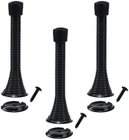 3 Pack Black Spring Door Stops, Bendable Metal Spring Door Stoppers with Anti-Slip Rubber Heads Screws Base, Long Door Springs for Protect Walls and Doors
