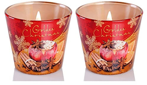 Velas navideñas perfumadas, con olor a manzana con canela y naranja, 2 unidades, en cristal, 8 x 8 x 8 cm, 115 g