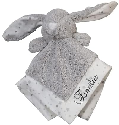 BotoBaby® - Schmusetuch mit Namen und Geburtsdatum - Kuscheltuch - (Grau - Hase Flauschig)