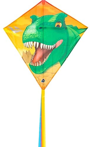 HQ Eddy Kinderdrachen Drachen Flugdrachen Einleiner Drachen zum steigen Lassen, wenig Wind, ab 5 Jahre, 68x68cm und 2m Drachenschwanz inkl. 17kp Polyesterschnur 40m auf Spule, 2-5 Bft (T-Rex)