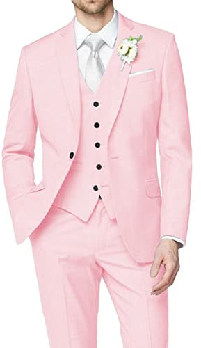 HUUTOE Costume 3 pièces élégant pour mariage, bal de fin d'année, affaires, blazer à un bouton, veste gilet et pantalon, smoking, pour homme, personnalisable, rose clair, Taille M