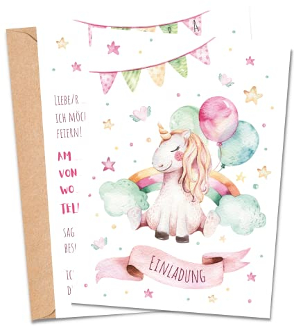 MeinBaby123® 10 Einladungskarten Kindergeburtstag Mädchen | süße Geburtstagseinladungen für Kinder | Einhorn Einladungskarten | inkl. 10 Briefumschläge | Premium Qualität (Einhorn V4)