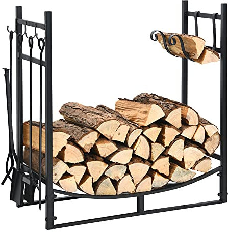 COSTWAY Support à Bois de Chauffage en Fer Forgé, Porte-Bûches avec Capacité de Charge de 50 kg, pour Poêle, Brasero, Intérieur et Extérieur (30 avec 4 Ustensiles)