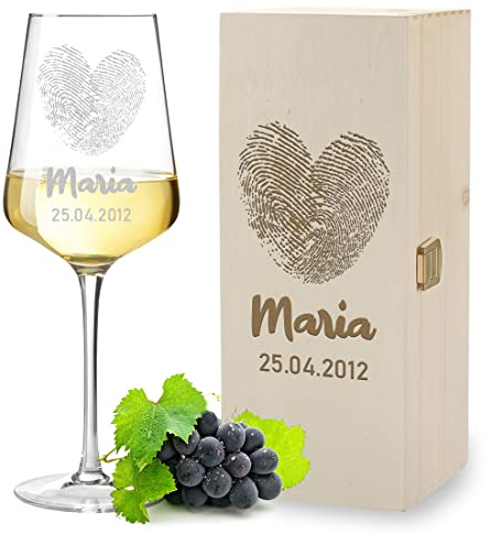 polar-effekt 2-TLG Weinset Leonardo Weinglas 560 ml Holzkiste mit personalisierter Gravur - Motiv Herz Fingerabdruck - Holz Box - Kristallglas - DIY Geschenkidee