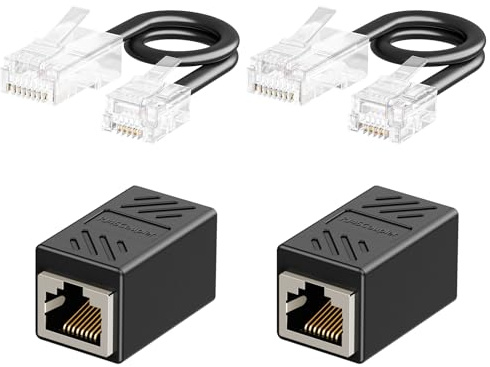 Uvital Phone Jack to Ethernet Adapter, RJ45 Female to Female Inline Adapters with RJ45-Male to RJ11-Male Phone Lines for Landline Telephone, RJ45 to RJ11 Adapter Kit(Black, 2 Pack)