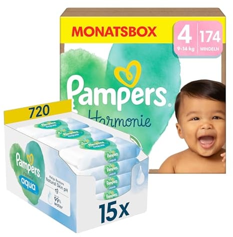 Pampers Harmonie Aqua Baby Set mit Windeln Größe 4 (9-14kg, 174 Stück), MONATSBOX, und Aqua Baby Feuchttücher, 720 Tücher (15 x 48), Baby Erstausstattung