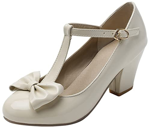 Bviennic Damen Party T Strap Mary Jane Blockabsatz Pumps
