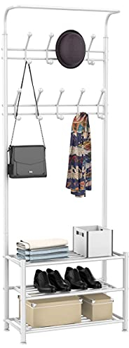 Yaheetech Coat Stand, Shoe and Coat Rack for Hallway, Free Standing Coat Stands with Shoe Storage for Hallway/Entryway/Living Room,187cm Height, White
