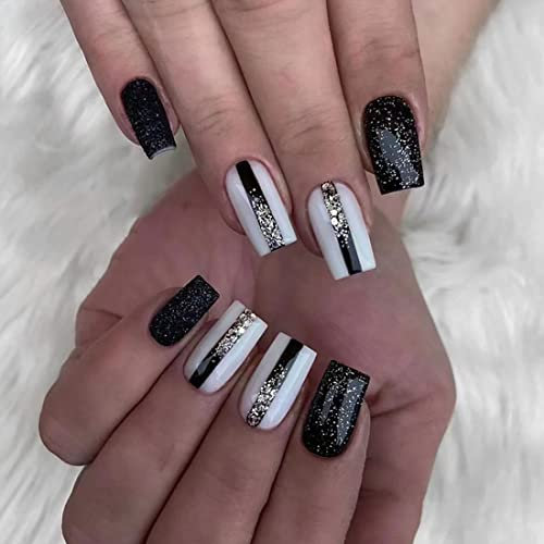 24 Pièces Faux ongles moyennement longs Faux ongles noirs et blancs Faux ongles à paillettes d'or Faux ongles pour les femmes et les filles