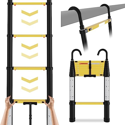 Joparri Scala telescopica in alluminio da 2,6 m, con gancio rimovibile, scala allungabile, scala multiuso, funzione di ritiro con un pulsante, carico lento, 150 kg, nero e giallo