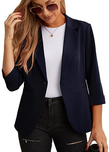GRECERELLE Blazer élégant à manches 3/4 pour femme - Veste décontractée pour le travail - Blazer de bureau - Veste de costume et blazers avec poches et bouton pour femme, 46
