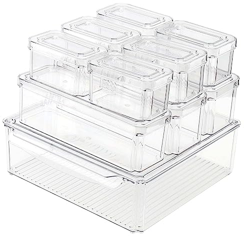 PINGEUI Set of 10 Fridge Storage Containers with Lids, Stackable Fridge Organisers Food Storage Containers, Clear Plastic Storage Bins Cupboard Organiser for Kitchen, Pantry
